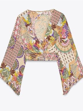 Zara XS Patchwork Boho Floral Bell Sleeve Crop Top NWT
